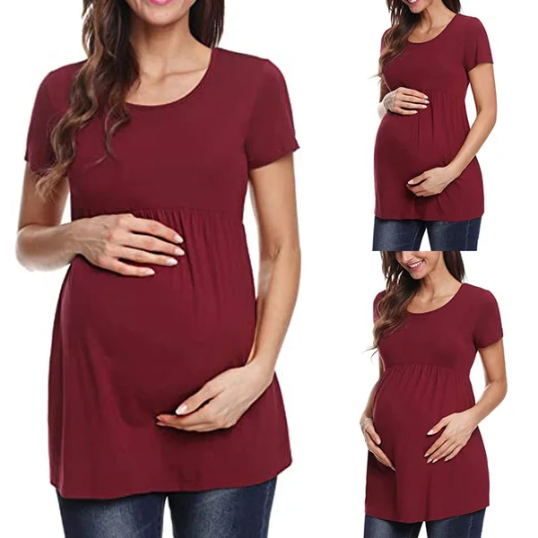 Short Sleeve Solid Color Pregnant T-shirt Blouse Fashion Women Maternity Clothes Summer Loose Pregnancy Tee Tops Pullover