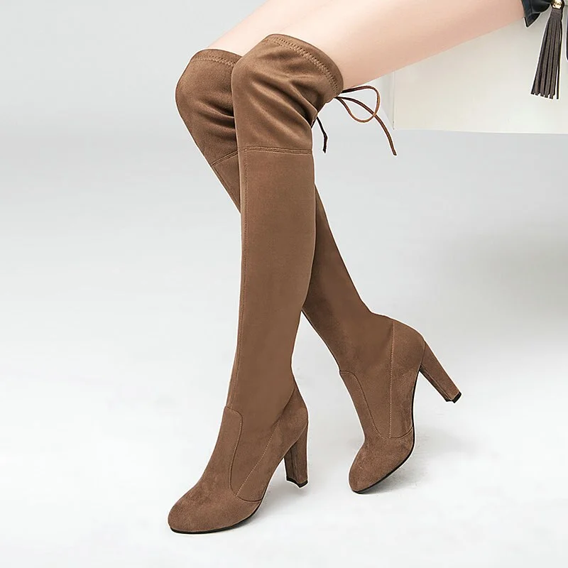 NEMAONE Women Stretch Faux Suede Thigh High Boots Sexy Fashion Over the Knee Boots High Heels Woman Shoes Black Gray Winered
