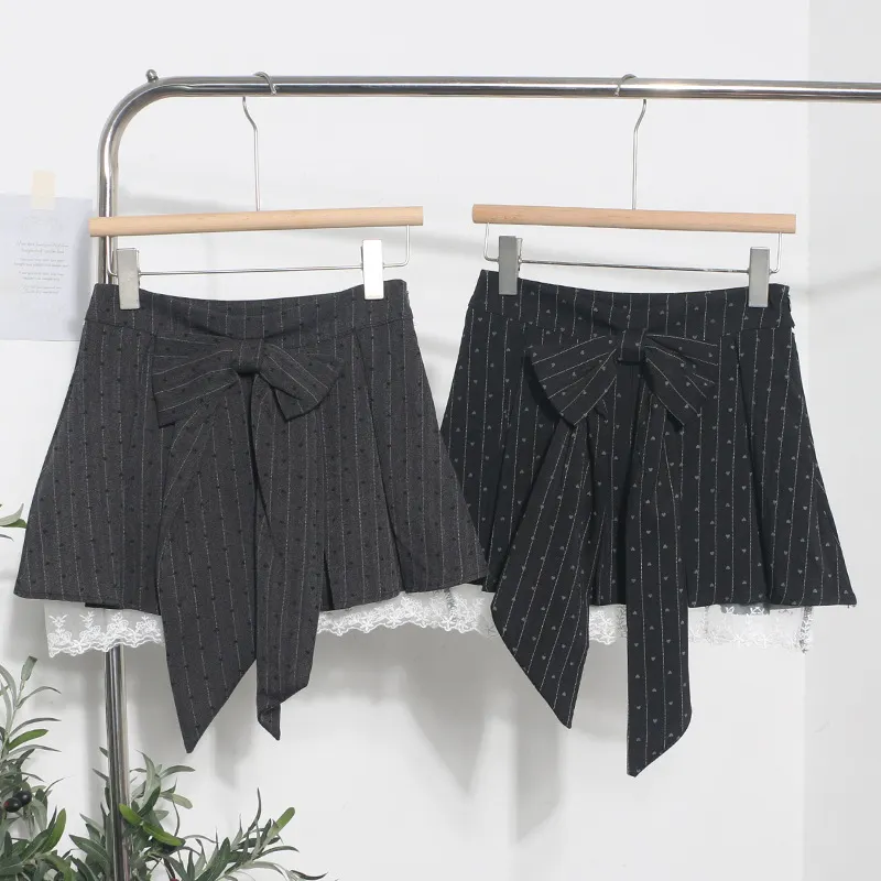 Churchf Real Shooting Leg Long Skirt Love Print Splicing Lace A Word 100 Folds Thin Bow Half-Dress Skirt 9339