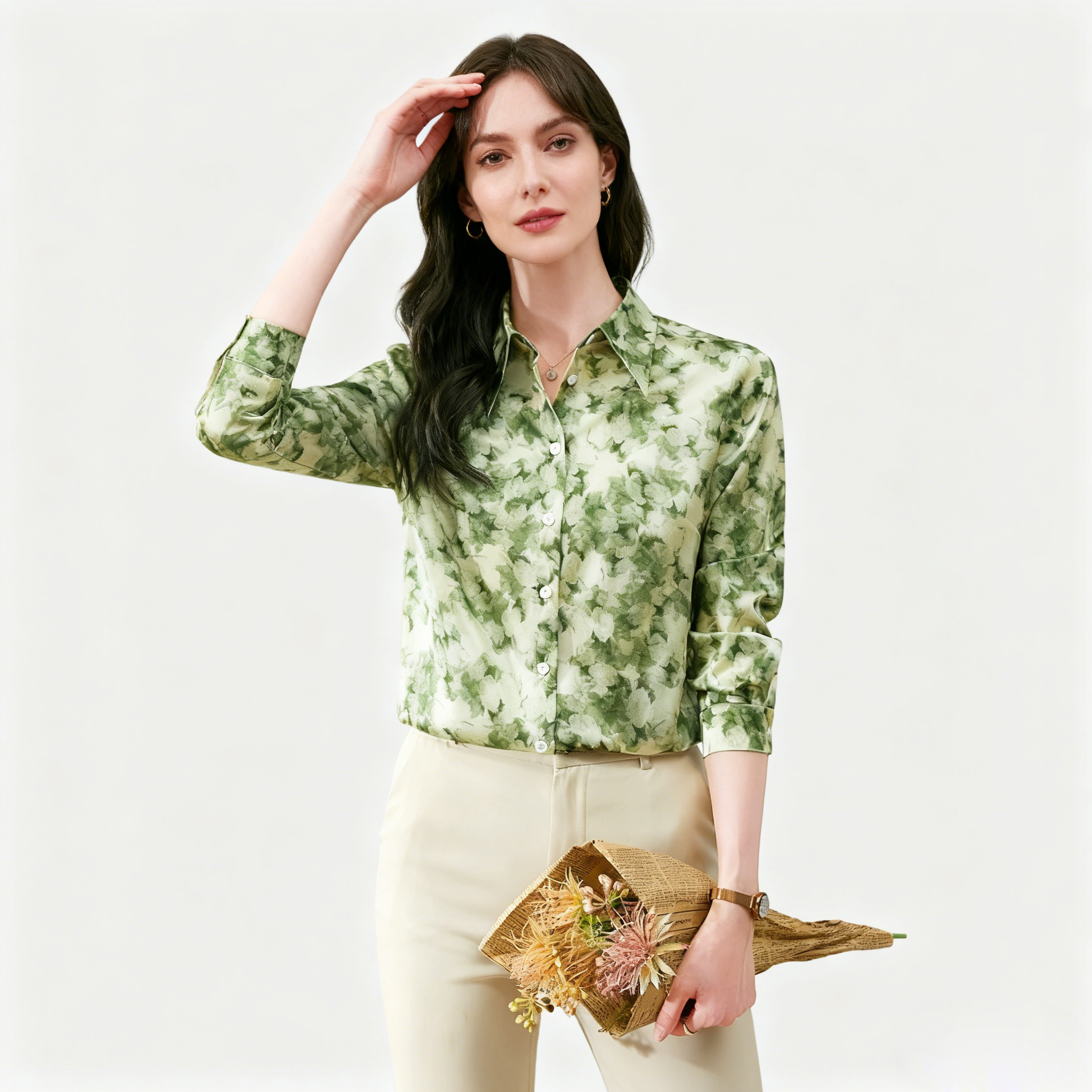 Green Print Silk Blouse For Work Long Sleeves REAL SILK LIFE