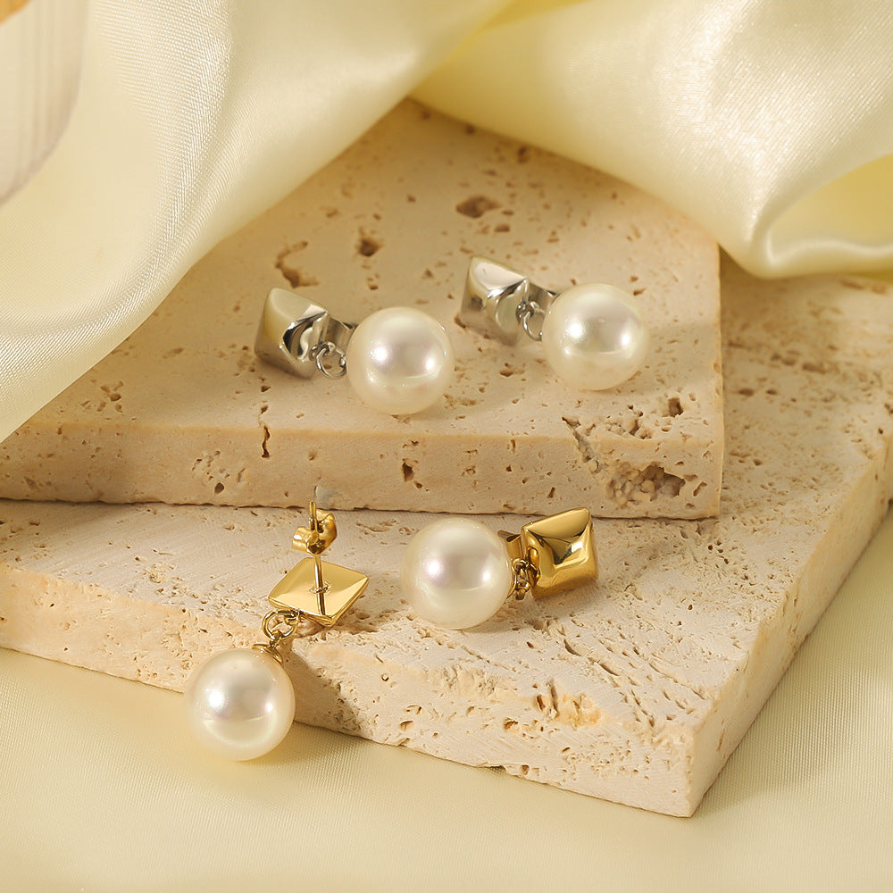 IG Style Pearl Rhombus Geometric Stainless Steel Electroplating Earrings