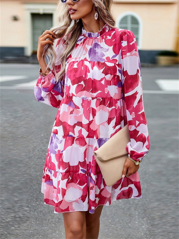 Printed Dresses Ladies Temperament Elegant Long-sleeved Short Dress Floral High Neck Dresses