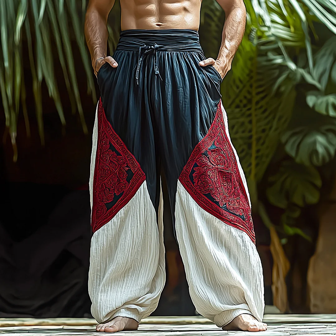 Men's Ethnic Graphic Loose Wide-leg Linen Harem Pants-inspireuse