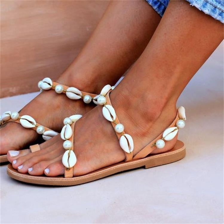 Women's white shells strappy beach sandals | Flat ethnic toe ring sandals