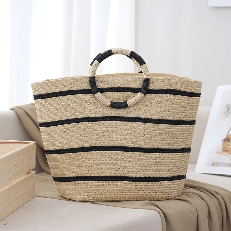 Women's Paper String Stripe Vacation Sewing Thread Square Open Handbag