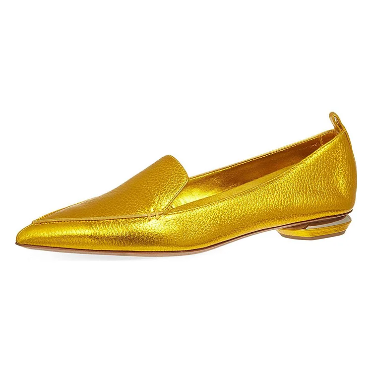 Gold Pointy Toe Low Heel Loafers for Women |FSJ Shoes
