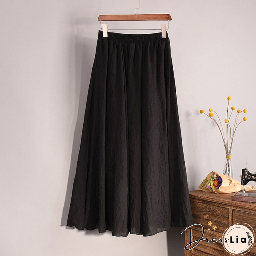 Women Cotton Linen Pleated Maxi Skirt Elastic Waist Vintage Solid Color Boho Beach Spring Summer Pleated Maxi Skirt