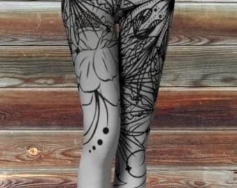 pornhint Pornhint Womens Leggings/ Yoga/Fitness Athletic wear Black/white flowers