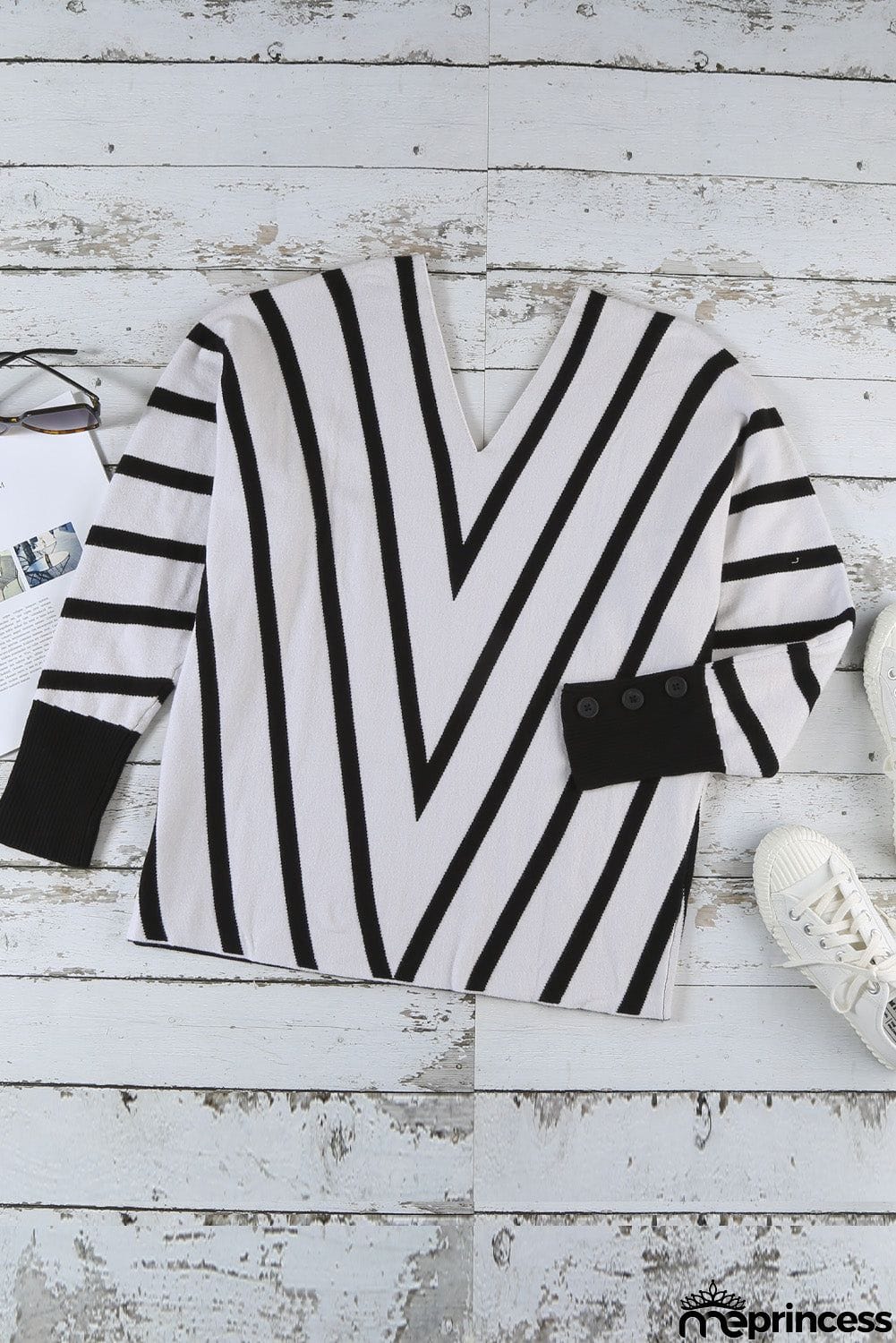 Khaki V Neck Popper Cuff Striped Casual Sweater