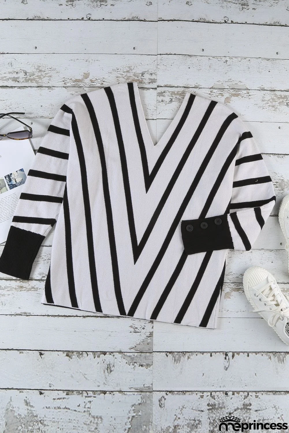 Khaki V Neck Popper Cuff Striped Casual Sweater