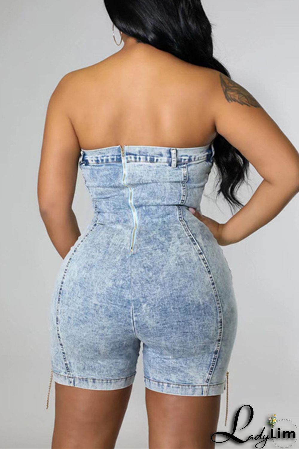 Deep Blue Fashion Sexy Solid Chains Backless Strapless Skinny Romper