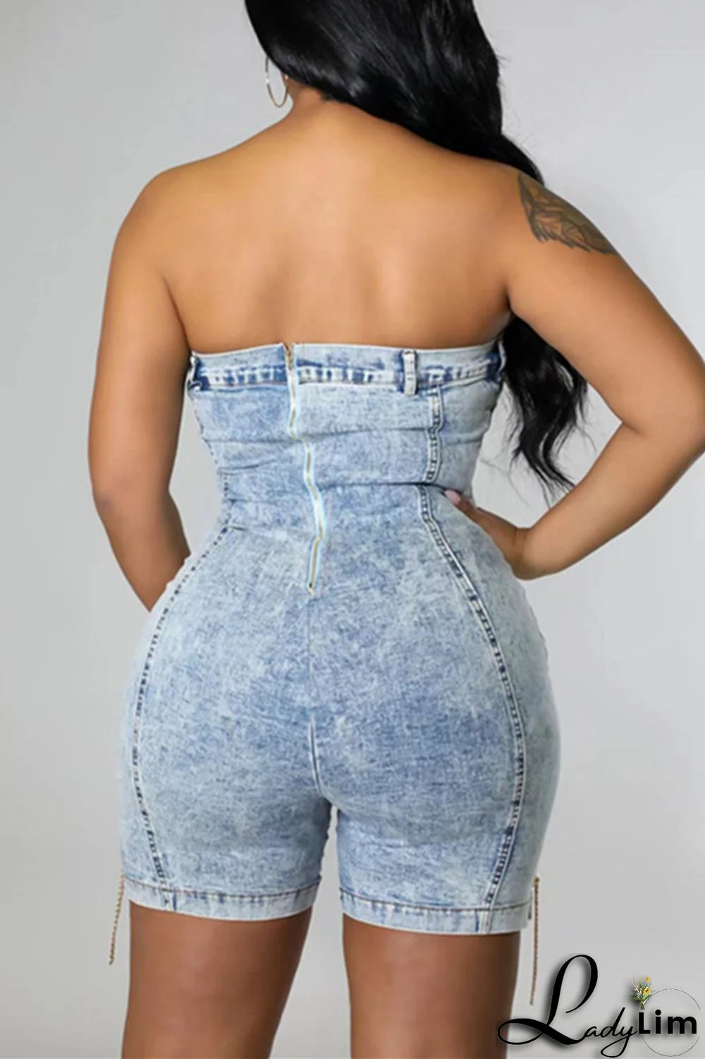 Deep Blue Fashion Sexy Solid Chains Backless Strapless Skinny Romper