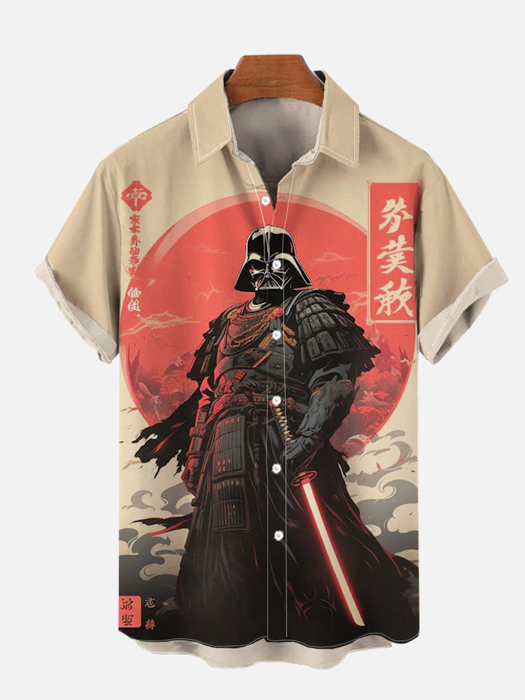 Ukiyo-e art Japanese style black armor samurai and red sword printed short-sleeved shirt PLUSCLOTHESMAN