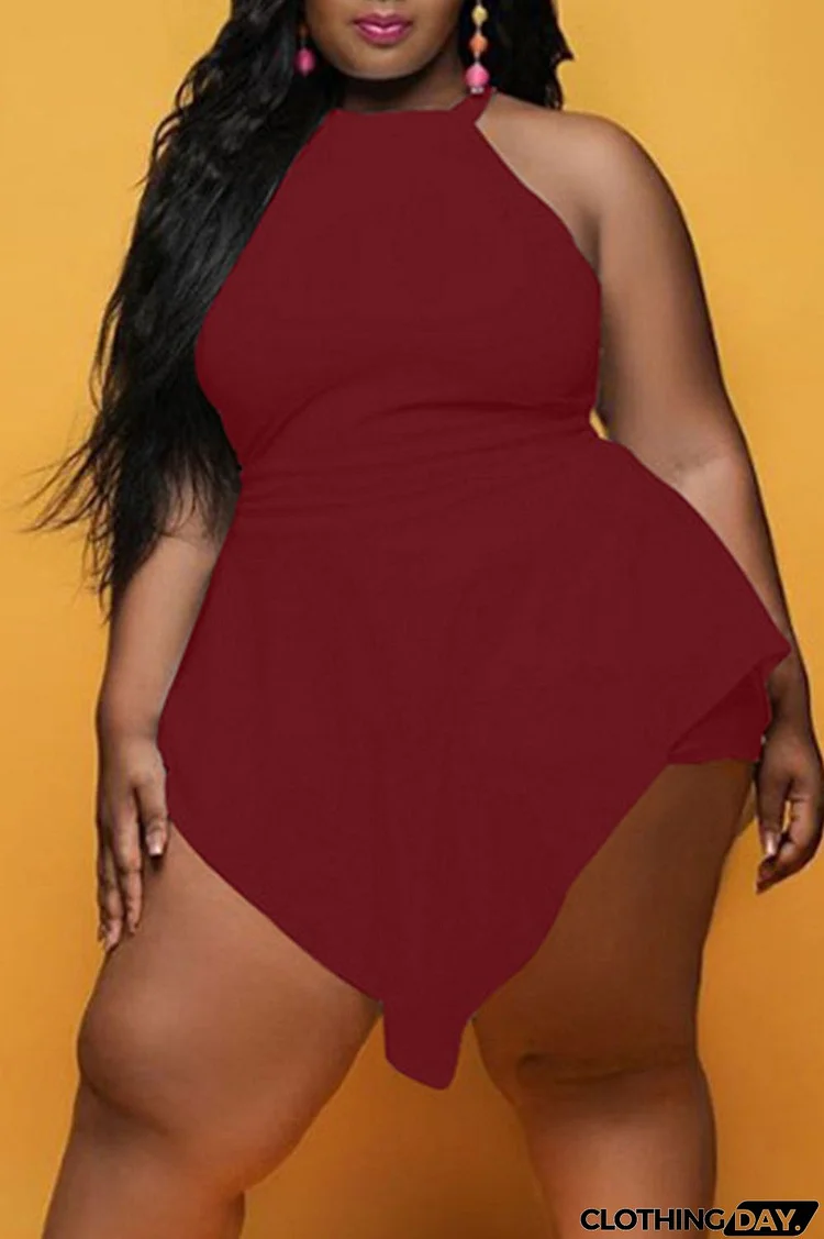 Burgundy Fashion Casual Solid Patchwork Asymmetrical O Neck Plus Size Romper