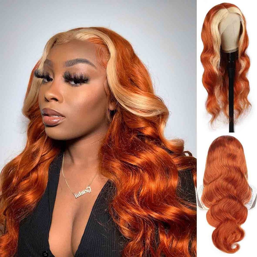 HD Lace Closure Human Hair Wig Skunk Stripe Hair Ginger Hair with Blonde Highlights US Mall Lifes