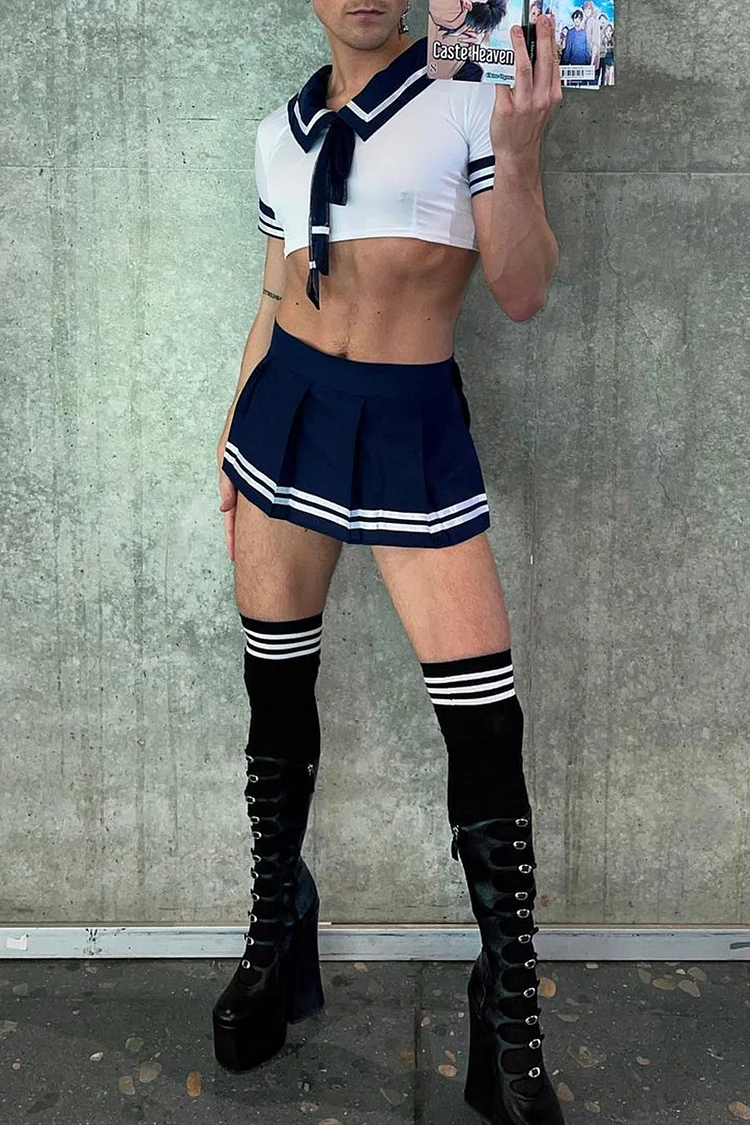Colorblock Crop Top Pleated Mini Skirt Sailor Costume Two Piece Set [Pre-Order]