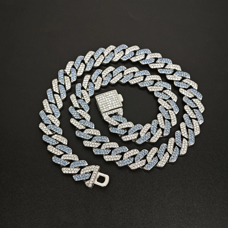 Qianshimei New 14mm Encryption Color Half Blue Half Pink Dragon Beard Buckle Flip Rhombus Cuban Chain Hip Hop Necklace