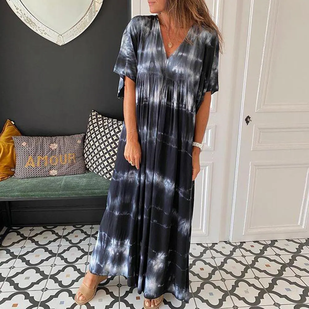 Elegant Print Short Sleeve Maxi Dress-vocosishoes