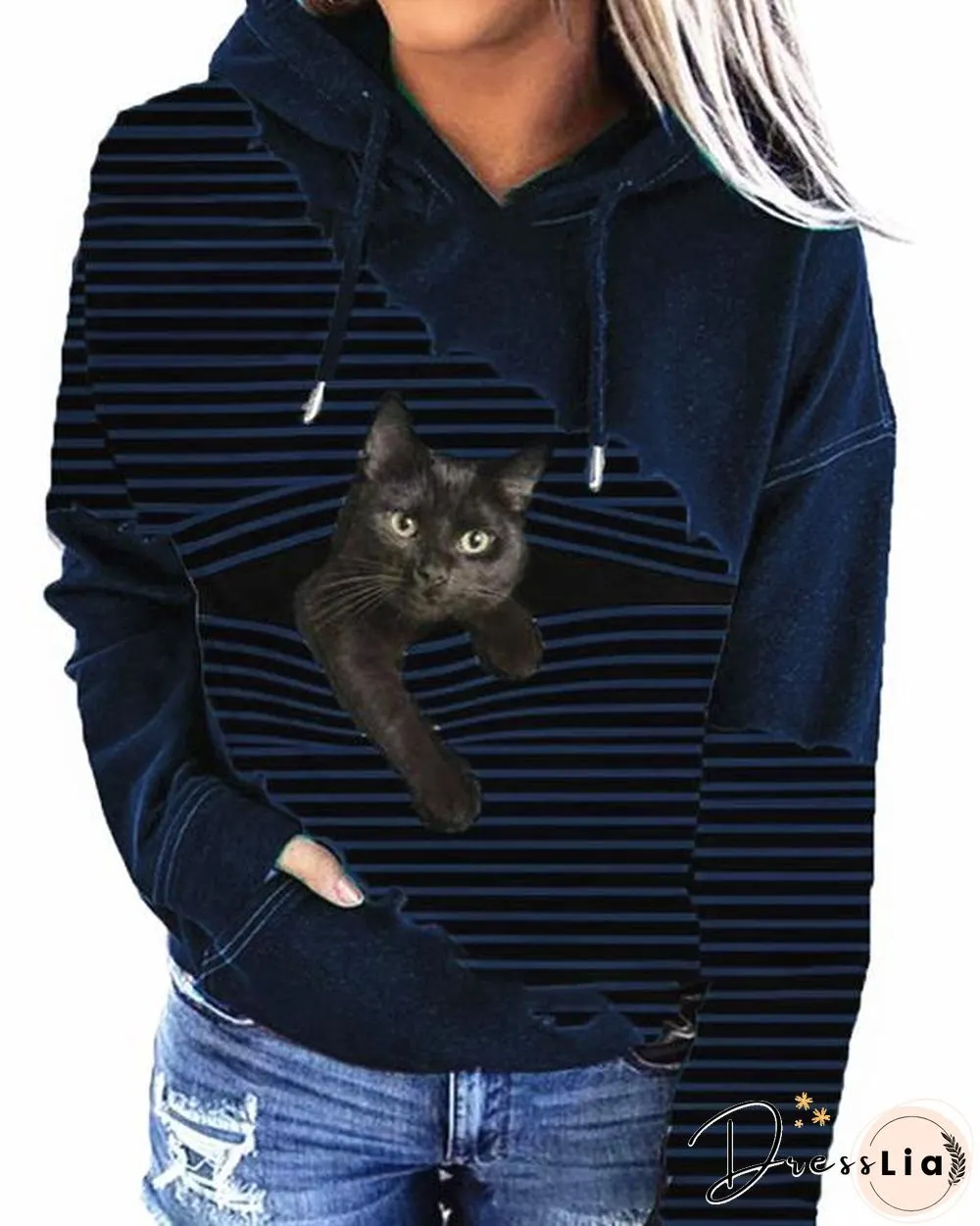 Women Fashion Cat Print Drawstring Hoodies