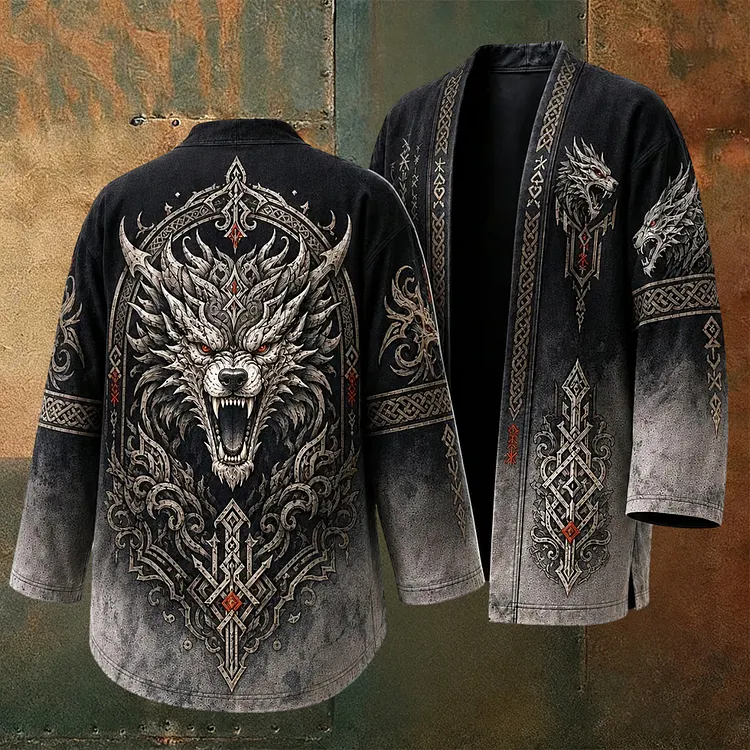 Men's Retro Viking Rune And Dragon Gradient Pattern Casual Cardigan