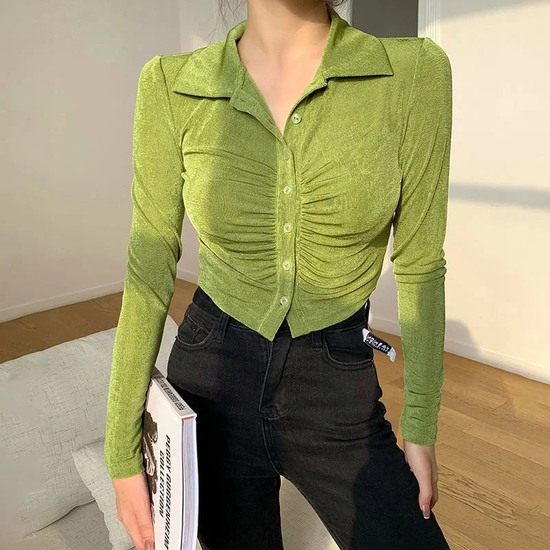 Design sense polo collar pleated long-sleeved shirt women's summer niche European and American slim slim stretch cardigan top