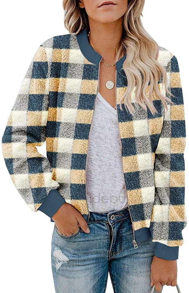 Women Fleece Jacket Winter Bomber Long Sleeve Faux Sherpa Fuzzy Casual Zip Up Coat Pocket