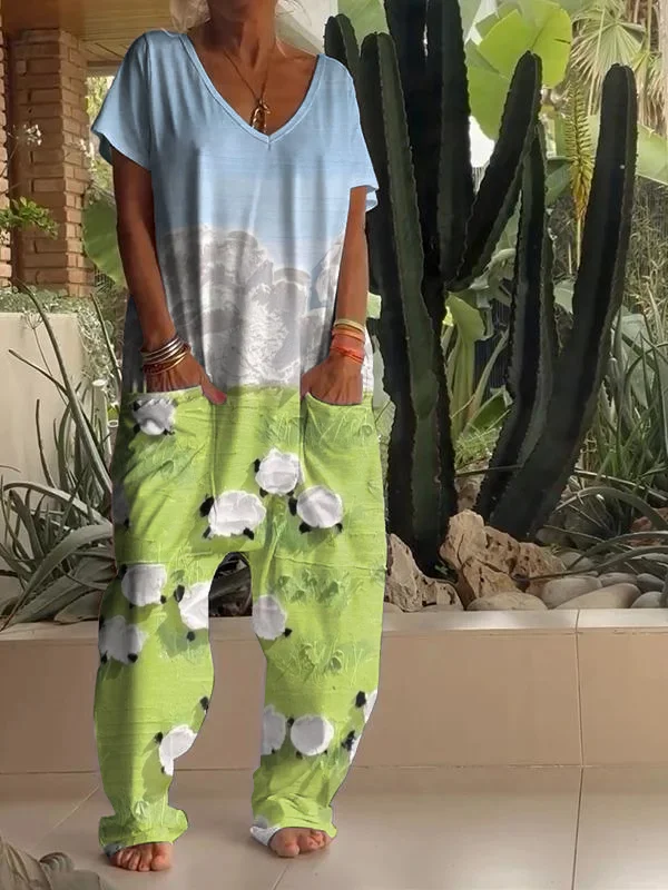 Casual Lamb Art Print V Neck Jumpsuit
