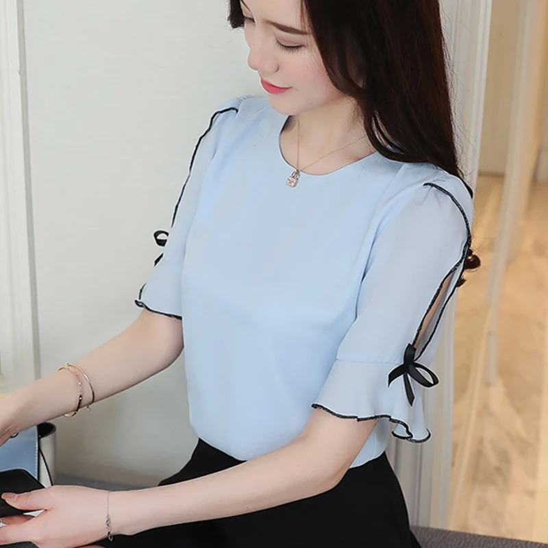 2024 Casual Chiffon Blouse Bow Short Sleeve Shirt Sweet Women's Clothing Summer O-neck Tops Lady Blusas Feminine D621 30