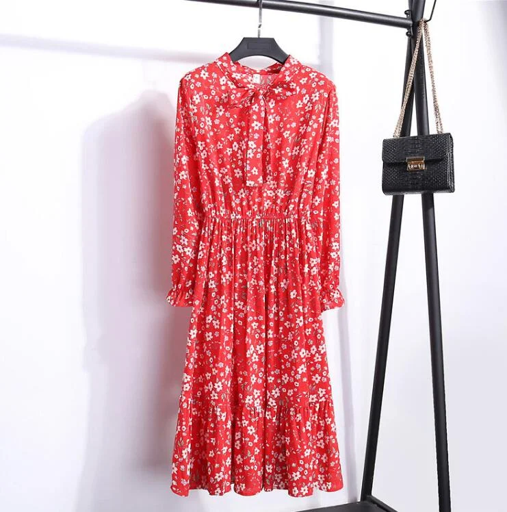Autumn Chiffon Shirt Dresses Long Sleeve Polka Dot Plaid Office Vintage Dress 2022 Women Summer Casual Midi Floral Dress Vestido