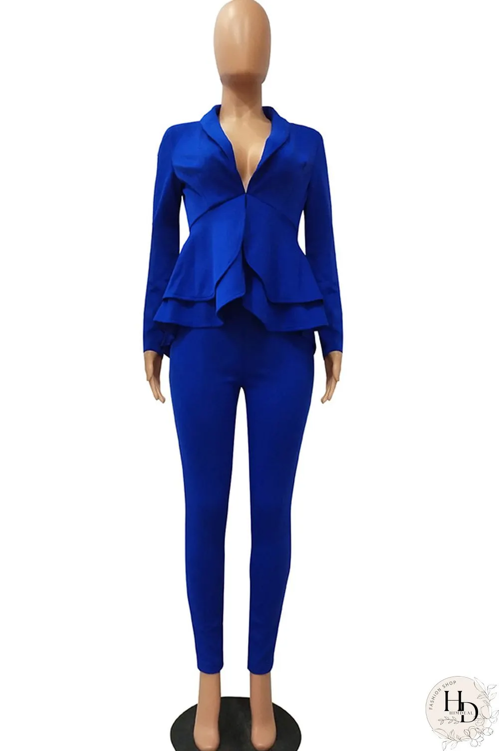 Black Casual Two Piece Suits Patchwork ruffle Solid pencil Long Sleeve