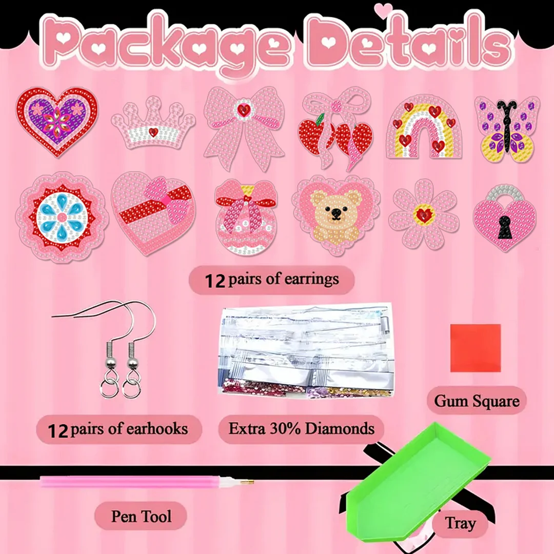 12 Pairs Valentines Day Diamond Painting Earrings DIY Diamond Art Earrings