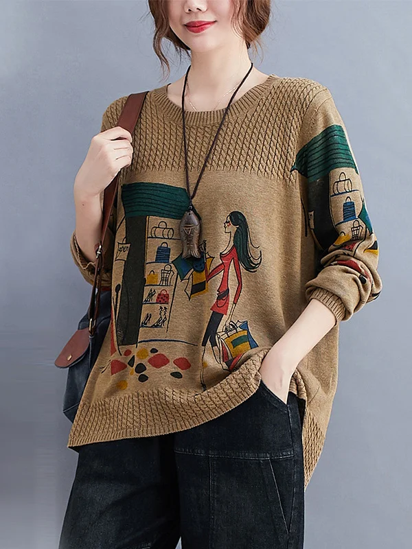Artistic Retro Long Sleeves Loose Cartoon Printed Round-Neck Sweater Tops