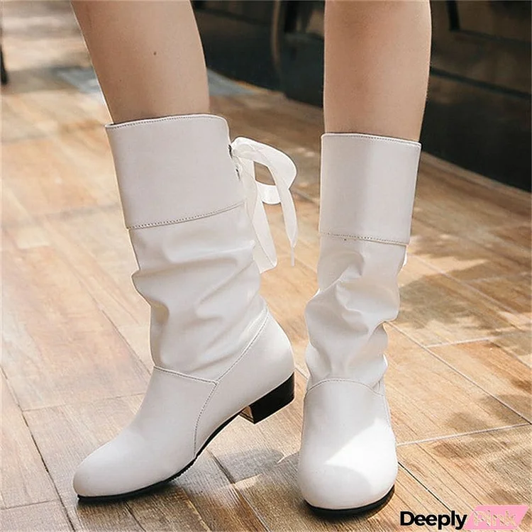 Women's Campus Round Toe Low Heels Ribbon Mid-Calf Knight Boots