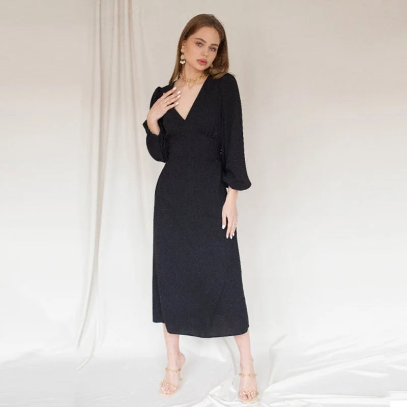 Churses Casual V-Neck Puff Sleeve Long Dress Autumn High Waist Elegant Vintage Party Dresses For Women 2023 New Arrival