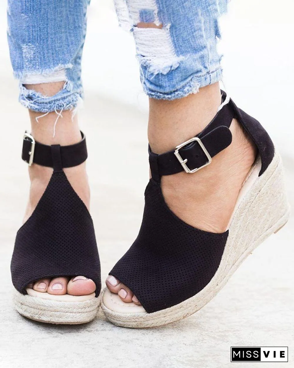 Suede Hollow Out Espadrille Wedge Sandals