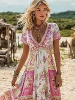 Vintage Boho Roses Pattern V Neck Flowy Linen Maxi Dress