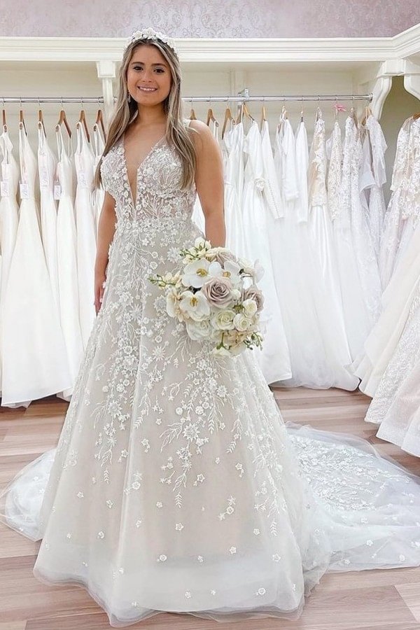 Modest Long V-neck Open Back Lace A-line Wedding Dresses With Appliques | Ballbellas Ballbellas