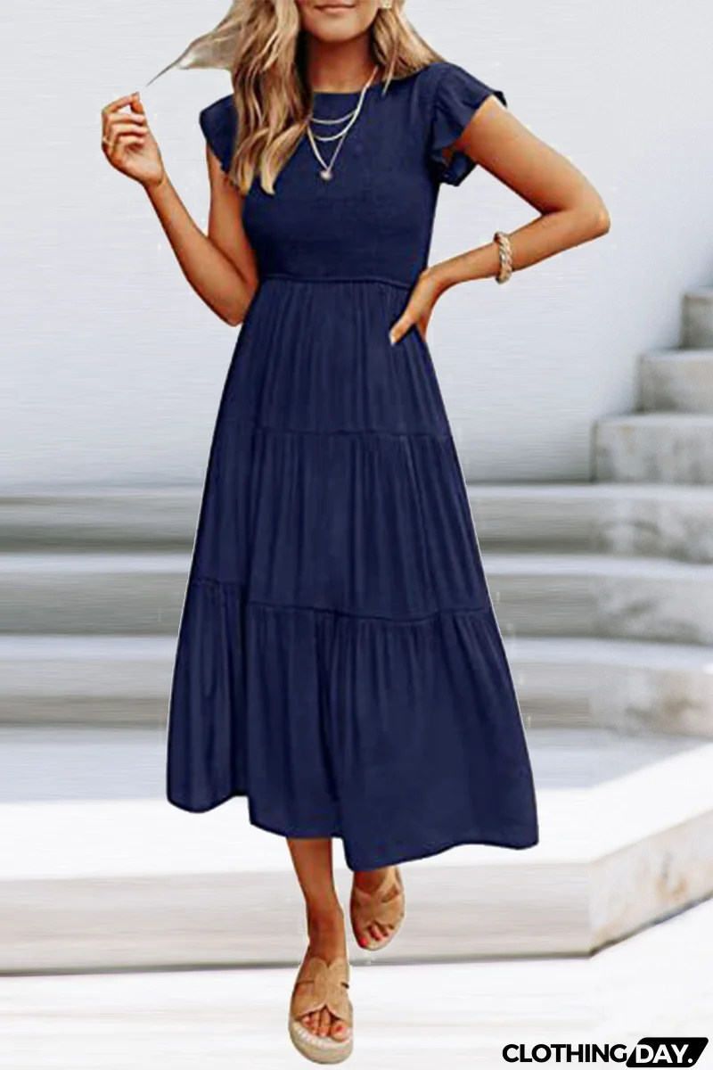 Fashion Solid Flounce O Neck Cake Skirt Dresses（9 colors）