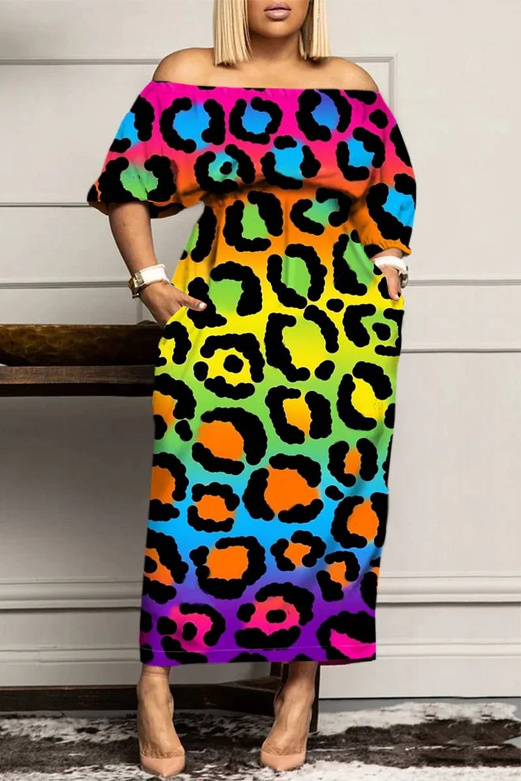 Xpluswear Plus Size Casual Off Shoulder Rainbow Colorful Leopard Print Pocket Midi Dresses 