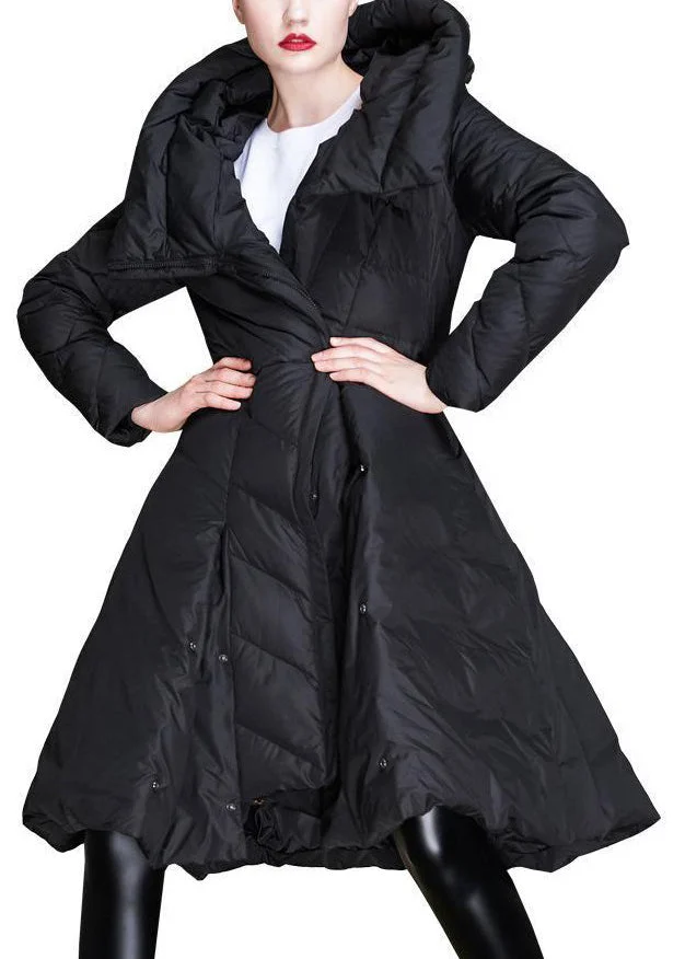 Women Black Hooded Asymmetrical Button Duck Down Coat Winter