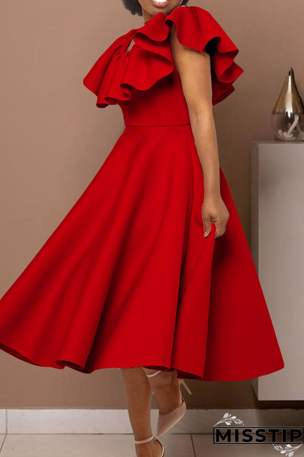 Red Elegant Solid Patchwork Flounce O Neck Evening Dress Dresses