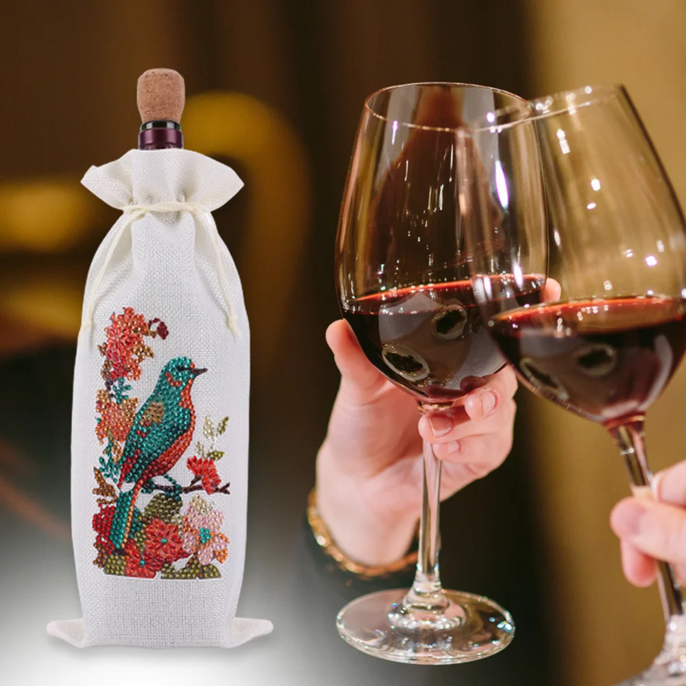 DIY Flower Diamond Painting Burlap Wine Gift Bags Label Liquor Bottle Covers