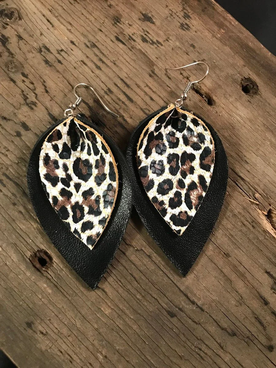 Black and Leopard Leather Earrings