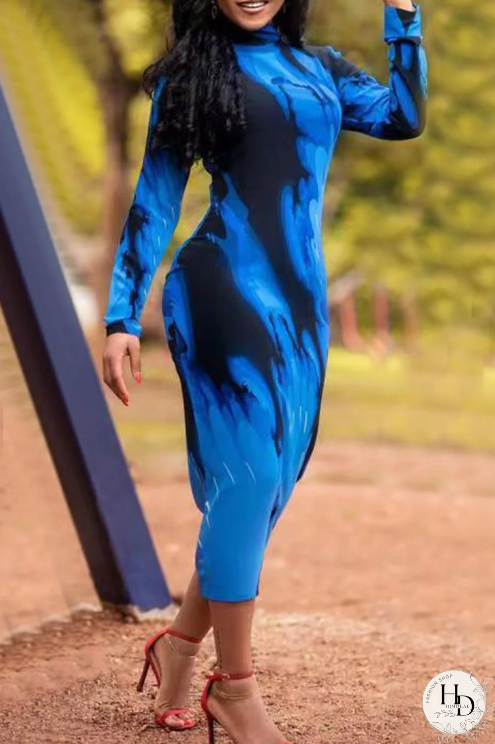 Blue Fashion Casual Print Basic Turtleneck Long Sleeve Dresses