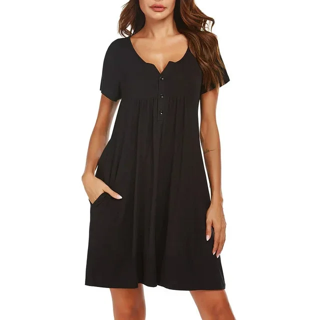 Medgthi Womens Nightgown, Short Sleeve Nightshirts V-Neck Modal Button Sleepwear Pajamas Breastfeeding Dress For Women