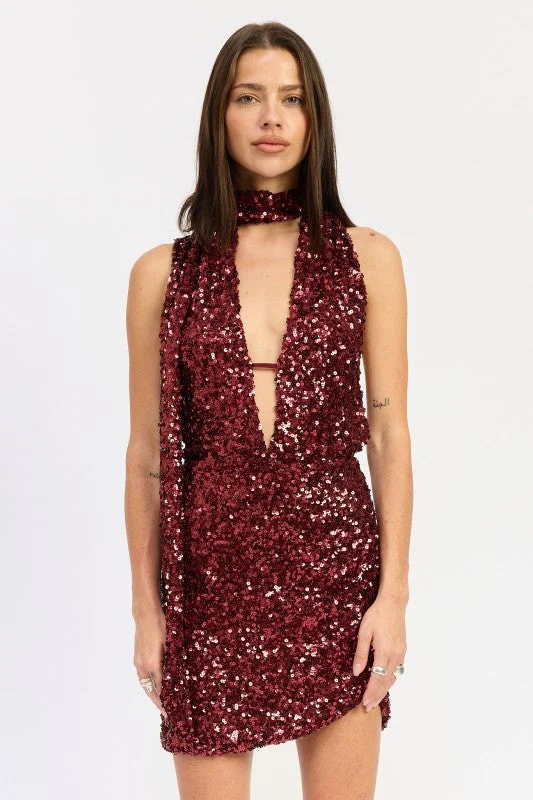 SEQUIN HALTER SCARF MINI DRESS