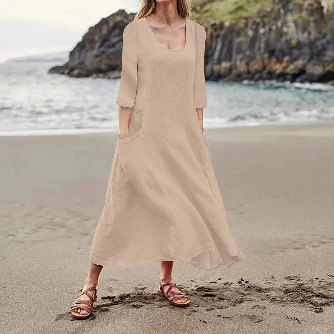 Elegant Long Dress Sundress Women Summer   Solid 3/4 Long Sleeve Midi Dress Female Causal Pocket Loose Dresses Robe