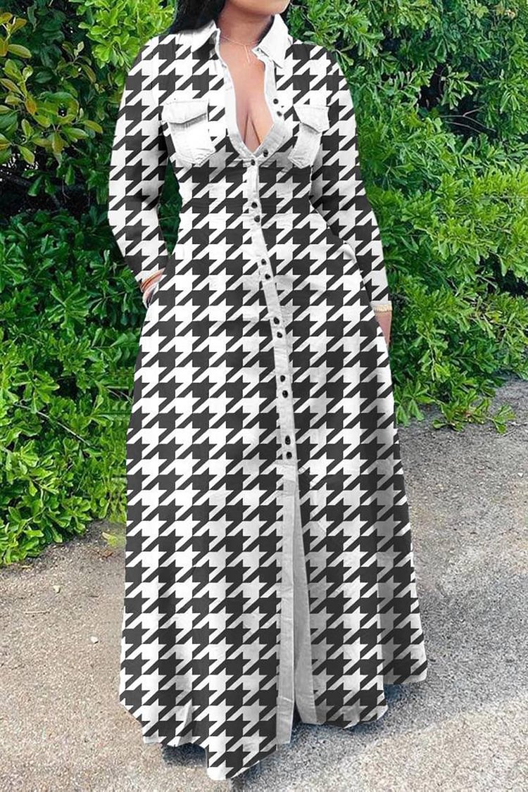 Xpluswear Plus Size Casual Black Houndstooth Vintage Turndown Collar Long Sleeve With Pockets Maxi Dress