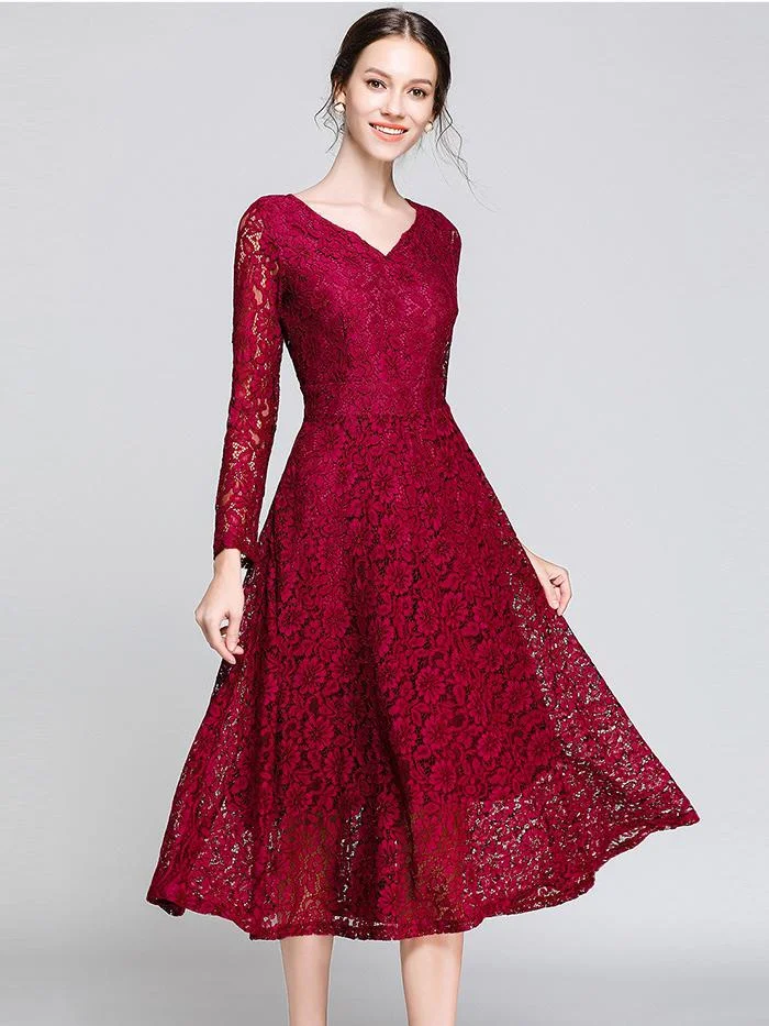 Temperament V-neck mid-length lace big dress