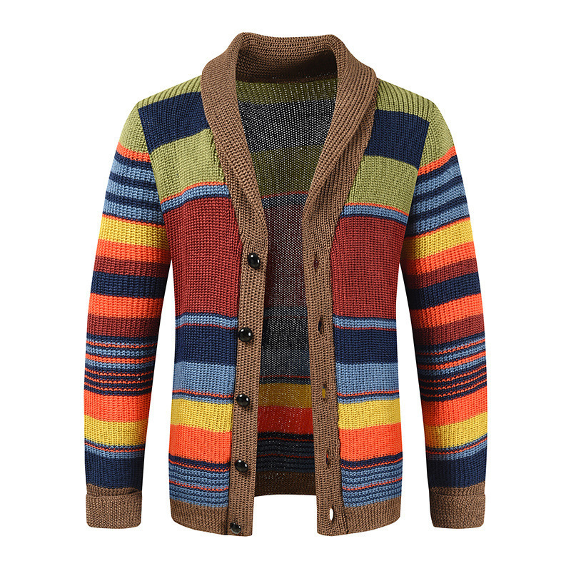 Men's Retro Color Striped Stitching Collarless Single-Breasted Knitted Cardigan